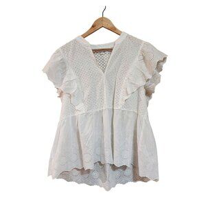 Blu Pepper White Eyelet Ruffle Sleeve Blouse Womens Size L Summer Boho Top